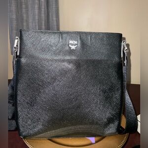 MCM Black Grain Leather Messenger Crossbody Bag Silver Hardware EUC Zip